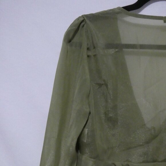 SHEIN | medium | Elegant Green V-Neck Sheer Blouse With Tie / Lace-Up Detail - Picture 10 of 15